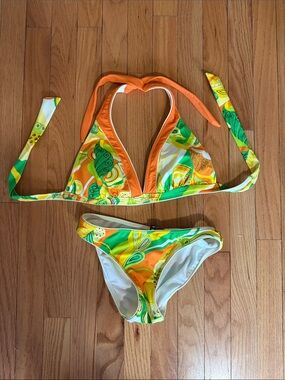 Girls Orange & Green Halter Bikini Two-Piece Swimsuit